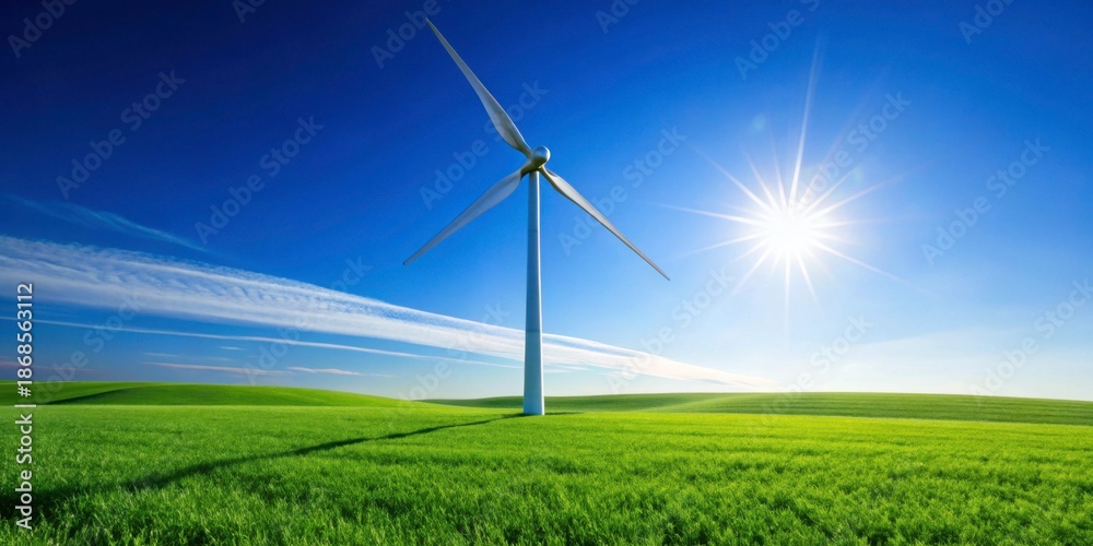 Obraz premium Bright Sunny Day with Wind Turbine in Green Field Landscape