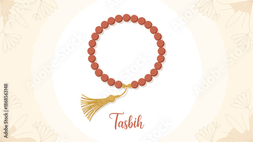 A vector graphic illustration of a Tasbih prayer bead bracelet with a golden tassel