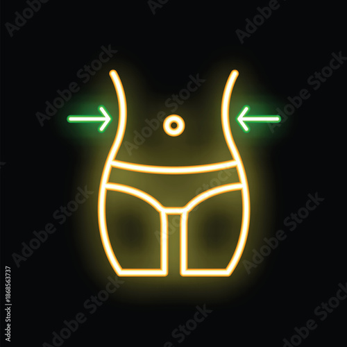 Neon sign of a slim waistline with arrows pointing inwards, symbolizing weight loss and a healthy lifestyle