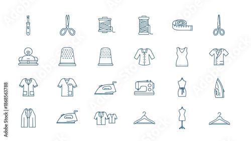 Sewing and tailoring tools and clothing icons set