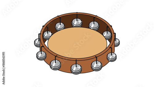 A vector graphic illustration of a tambourine with metal jingles and a brown frame