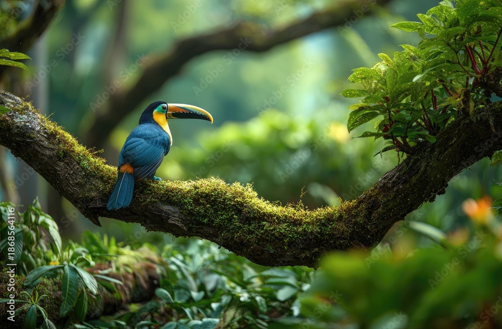 Obraz premium A vibrant toucan, perched elegantly on a moss-covered branch in a lush, green forest setting