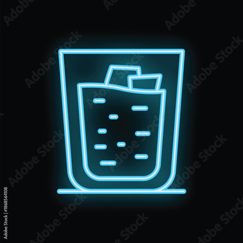 Blue neon sign representing a glass with ice cubes and a drinking straw, glowing on a black background