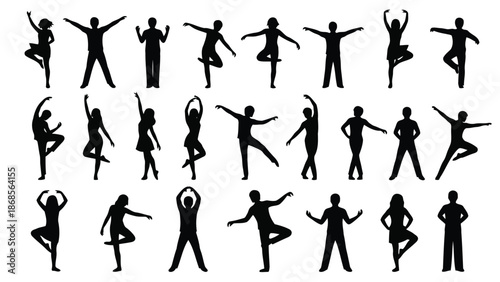 Collection of people in various yoga poses and dance movements