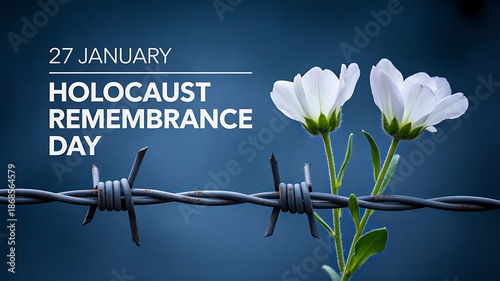 Holocaust remembrance day memorial with flowers and barbed wire

