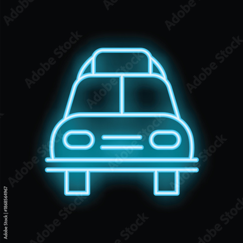Blue neon sign of a taxi cab driving on black background