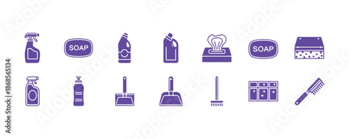 set of icons representing cleaning products, focusing on hygiene and chemicals, including a vector collection of household cleaner signs with editable stroke linear features.