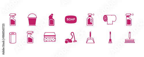 cleaning product icons, showcasing hygiene and chemical elements, plus a vector set of household cleaner signs with editable stroke linear designs.