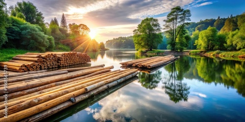 Serene Sunset Landscape Featuring Timber Rafts on Calm River Water