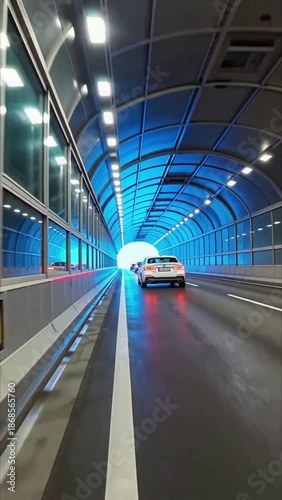 White Car Driving Through a Bright Blue Tunnel with Reflections road