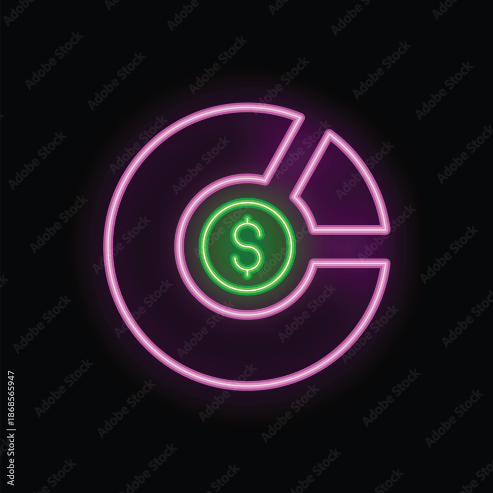 Obraz premium Glowing neon sign representing business statistics with a pie chart and a dollar coin inside it, on a dark background