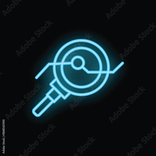 Blue neon icon of angle grinder cutting disc glowing on dark background