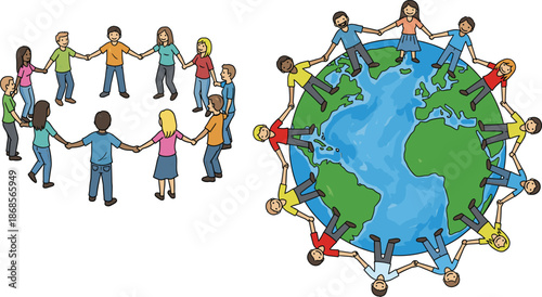 People holding hands around globe illustration representing global unity diversity teamwork and international cooperation
