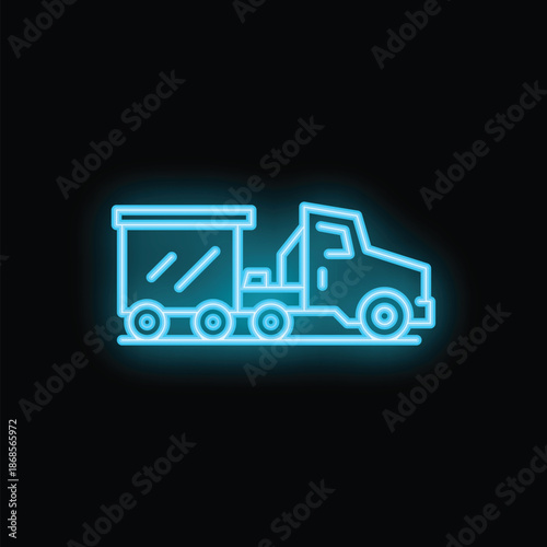 Bright blue neon sign icon of a truck carrying cargo, representing transportation and logistics, set against a dark background