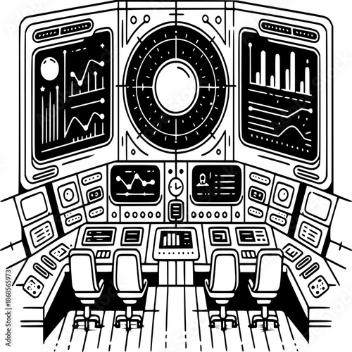 Command Center: The control room's technology and displays showcase a central hub for complex operations, with monitors displaying graphs, charts, and dials.