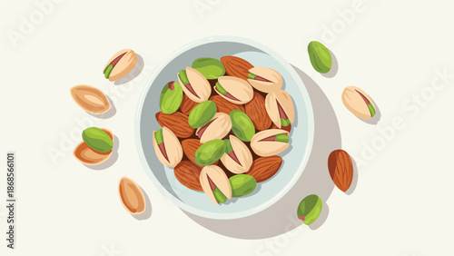 A vector graphic illustration of a bowl filled with assorted nuts, including almonds and pistachios.