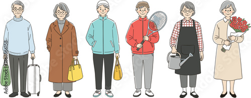 Elderly people lifestyle illustration set showing seniors daily activities fashion hobbies and independent living