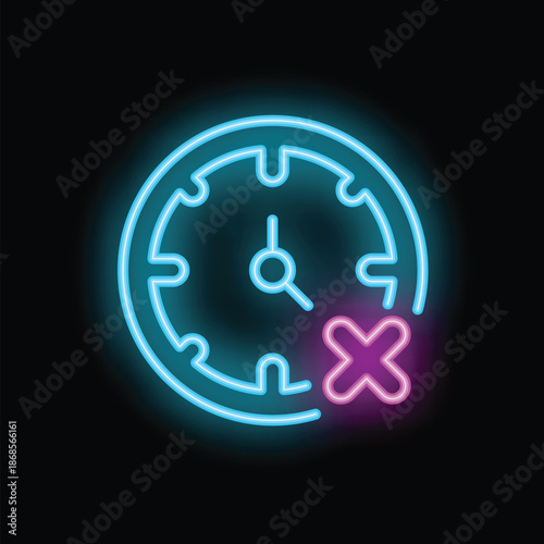 Bright neon clock with a cancel sign, perfect for representing concepts like time management, deadlines, and procrastination