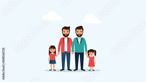 Cartoon family illustration, same-sex parents, two daughters, holding hands, diversity, love, parenting concept, colorful vector, inclusive lifestyle design