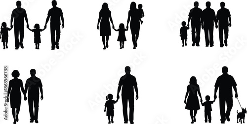Modern family silhouettes, diverse group icons, adults and children, same-sex parents, dog walking, unity, lifestyle concept, black vector illustration