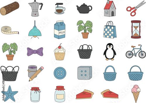 Cute everyday objects illustration set featuring household items food accessories animals and decorative elements
