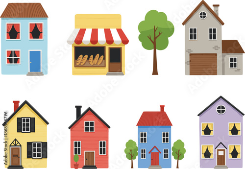 Colorful house and small shop building illustration set representing neighborhood architecture and urban living