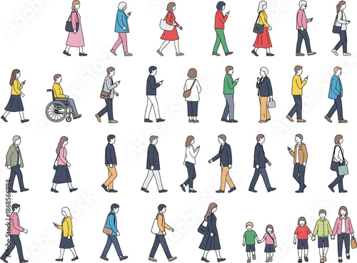 Diverse people walking illustration set showing everyday urban life mobility inclusion and social activities