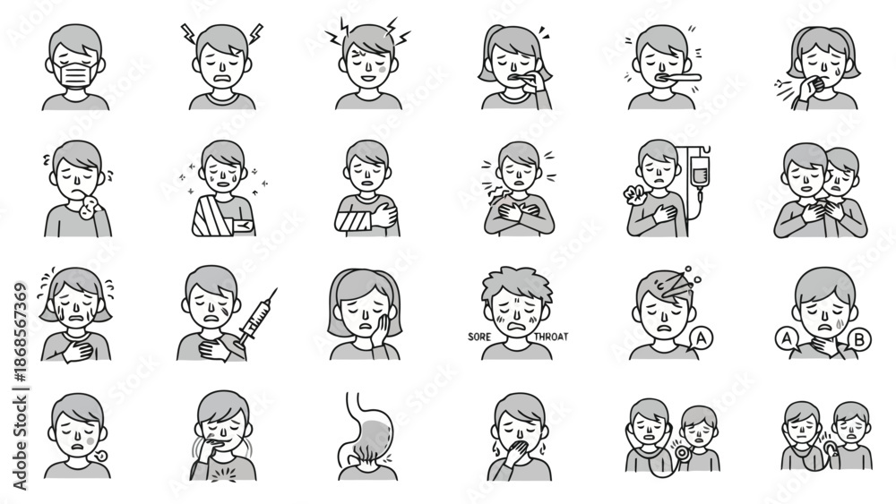 Fototapeta premium Various cartoon people showing symptoms of illness and sickness