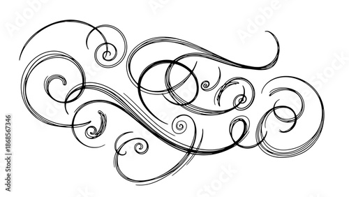 Black swirling curls and spirals design element, abstract background decoration