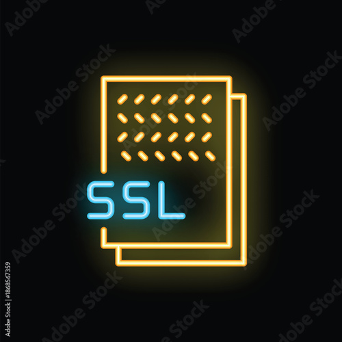Brightly colored neon ssl certificate icon glowing on dark background