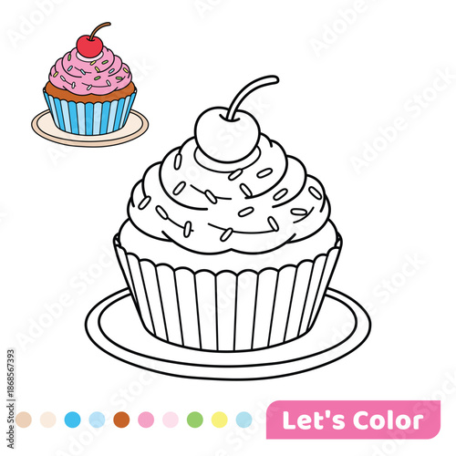 Cute Cupcake Coloring Page with Cherry and Sprinkles with Color Guide