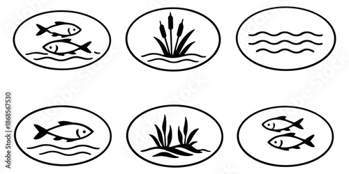 Line art aquatic elements set featuring fish, cattails, and waves for nature themes