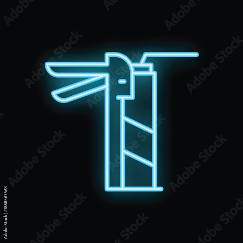 Bright blue neon turnstile gate glowing on a black background