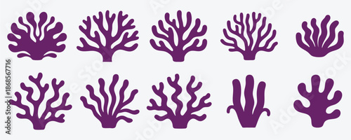Set of ten distinct purple coral shapes showcasing the beauty and variety of ocean flora for aquatic themed graphics