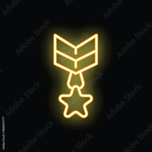 Neon sign illustrating a medal of honor with a ribbon and a star, shining brightly on a dark background