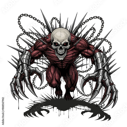 Ferocious Monster With Chains And Skulls Illustration.