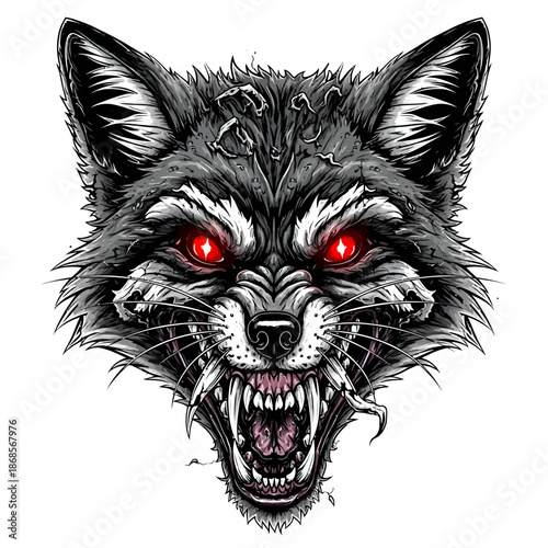 Ferocious snarling wolf head with red eyes.