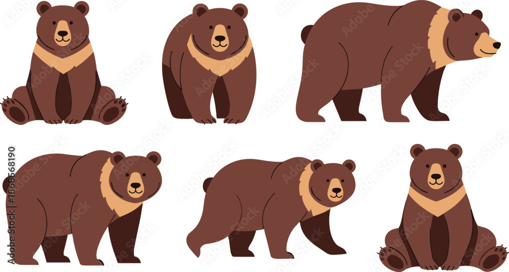 Fototapeta premium Cute brown bear illustration set in different poses for kids wildlife cartoon animal design projects
