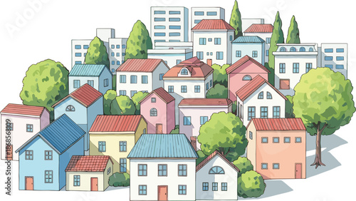 Charming residential neighborhood illustration featuring colorful houses greenery trees and peaceful suburban community landscape
