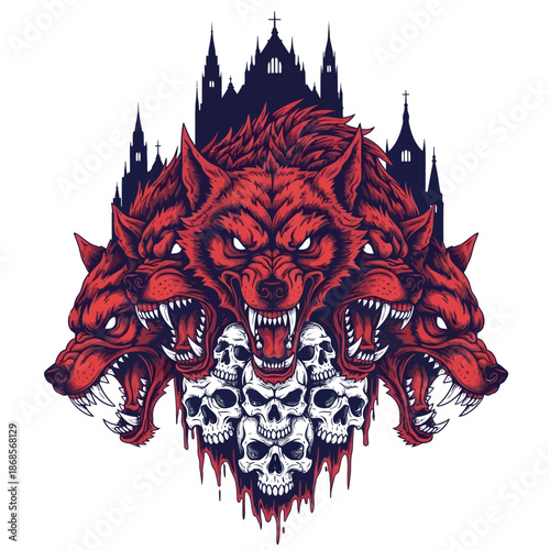 Group of red werewolf heads and skulls emblem.