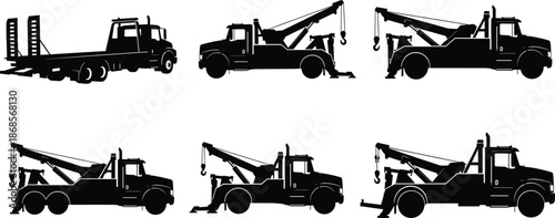 Tow truck silhouette vector set, black side view illustrations, flatbed, boom arm, hook and winch designs, utility vehicle icons