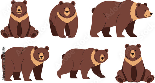 Cute brown bear illustration set in different poses for kids wildlife cartoon animal design projects