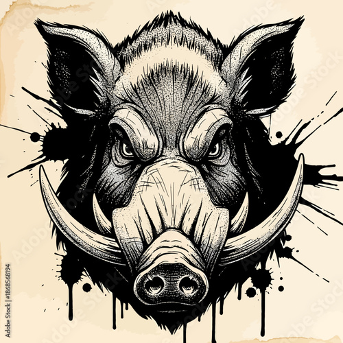 Illustrated boar head with bold tusks and fierce expression.