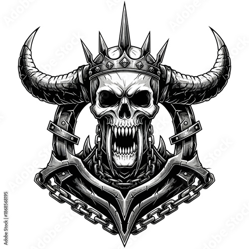 Horned skull with crown emblem graphic design.