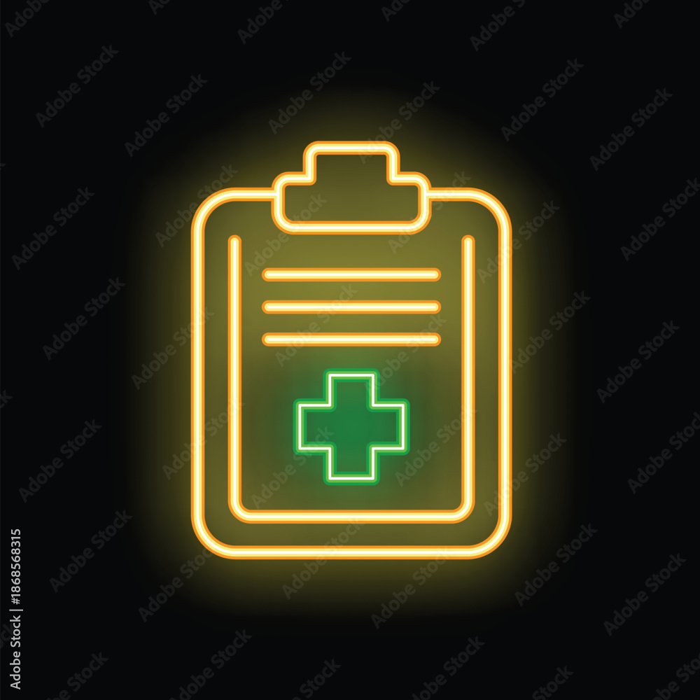 Fototapeta premium Glowing neon medical report icon with green cross on dark background