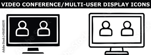A graphic illustration of video conference multi-user display icons on two computer monitors