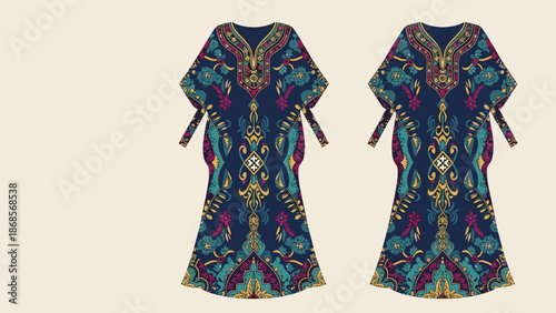 A vibrant, colorful, bohemian-inspired kaftan dress with intricate patterns and designs