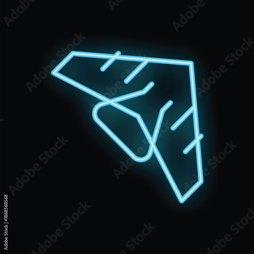 Blue neon sign of a hang glider shining brightly against a dark background