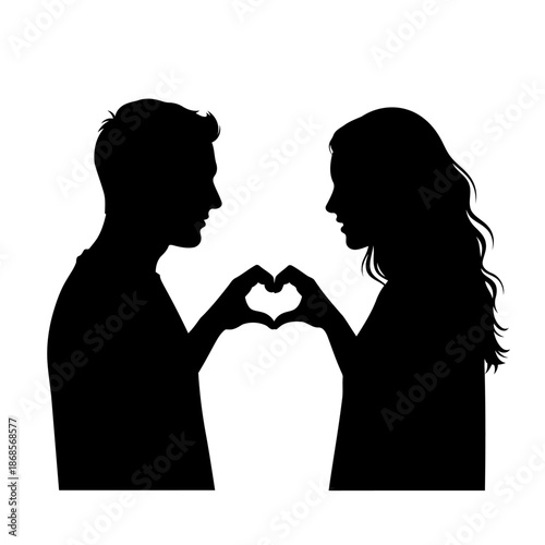 Silhouette of a couple forming a heart shape with their hands against a white background symbolizing love romance and togetherness in a graphic illustration