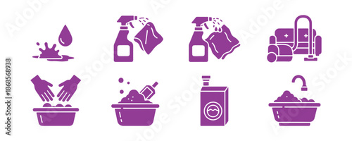 A set of black glyph icons for cleanup services on a white background. Includes stain removal, wet cleaning, and dry cleaning for furniture. Features handwashing, washing powder, and basin usage